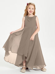 Modern Asymmetrical Cowl Neck Junior Bridesmaid Dresses Taupe