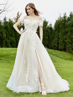 A-Line Lace Sweep Train Wedding Dress Ivory/Champagne