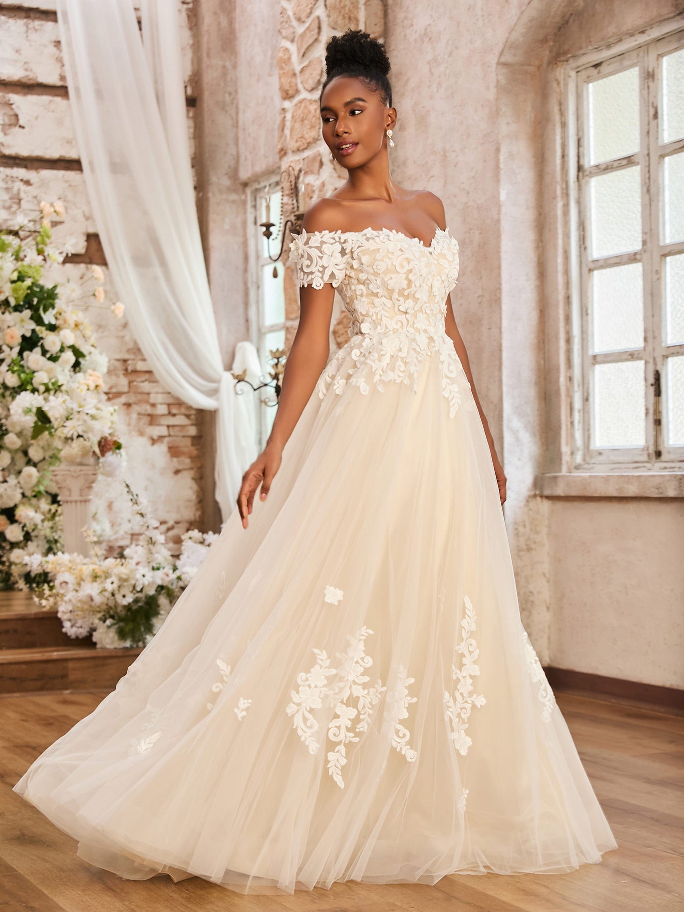 BABARONI Tulle Lace Champagne Wedding Dresses A-line Off-the-shoulder  Sweep/Brush Train Short  BABARONI UK