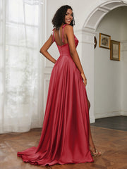 Cowl Neck Ruched Backless Dress With Slit Burgundy
