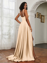 Cowl Neck Ruched Backless Dress With Slit Champagne