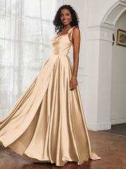 Cowl Neck Ruched Backless Dress With Slit Champagne
