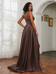 Cowl Neck Ruched Backless Dress With Slit Chocolate Plus Size