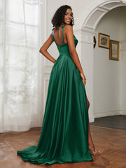 Cowl Neck Ruched Backless Dress With Slit Dark Green
