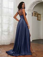 Cowl Neck Ruched Backless Dress With Slit Dark Navy