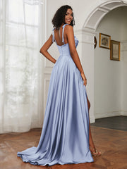 Cowl Neck Ruched Backless Dress With Slit Dusty Blue