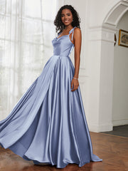 Cowl Neck Ruched Backless Dress With Slit Dusty Blue