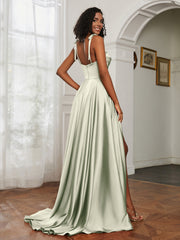Cowl Neck Ruched Backless Dress With Slit Dusty Sage