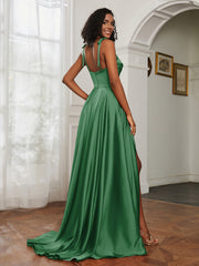 Cowl Neck Ruched Backless Dress With Slit Emerald