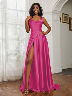 Cowl Neck Ruched Backless Dress With Slit Fuchsia
