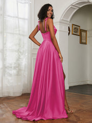 Cowl Neck Ruched Backless Dress With Slit Fuchsia