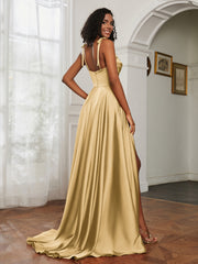 Cowl Neck Ruched Backless Dress With Slit Gold
