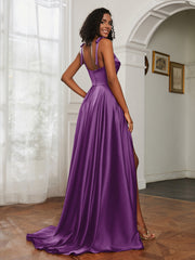 Cowl Neck Ruched Backless Dress With Slit Grape Plus Size