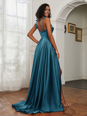Cowl Neck Ruched Backless Dress With Slit Ink Blue