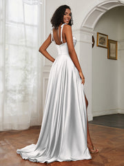 Cowl Neck Ruched Backless Dress With Slit Ivory