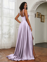Cowl Neck Ruched Backless Dress With Slit Lilac