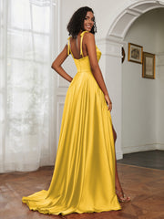 Cowl Neck Ruched Backless Dress With Slit Marigold