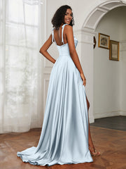 Cowl Neck Ruched Backless Dress With Slit Mist