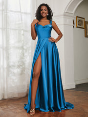 Cowl Neck Ruched Backless Dress With Slit Ocean Blue