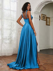 Cowl Neck Ruched Backless Dress With Slit Ocean Blue