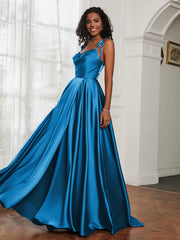 Cowl Neck Ruched Backless Dress With Slit Ocean Blue