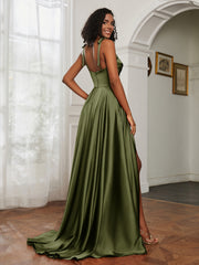 Cowl Neck Ruched Backless Dress With Slit Olive Green Plus Size