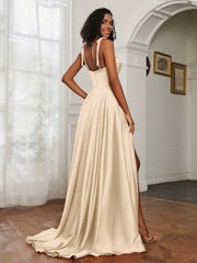 Cowl Neck Ruched Backless Dress With Slit Peach