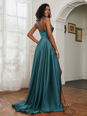 Cowl Neck Ruched Backless Dress With Slit Peacock