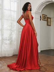 Cowl Neck Ruched Backless Dress With Slit Red