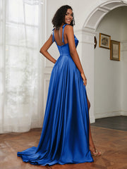 Cowl Neck Ruched Backless Dress With Slit Royal Blue
