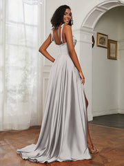 Cowl Neck Ruched Backless Dress With Slit Silver