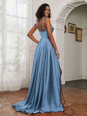 Cowl Neck Ruched Backless Dress With Slit Slate Blue
