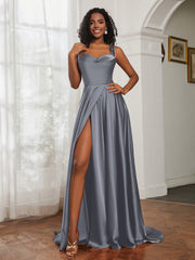 Cowl Neck Ruched Backless Dress With Slit Steel Grey