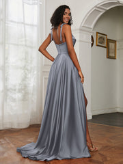 Cowl Neck Ruched Backless Dress With Slit Steel Grey
