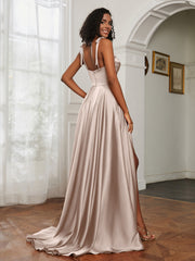 Cowl Neck Ruched Backless Dress With Slit Taupe