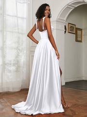 Cowl Neck Ruched Backless Dress With Slit White Plus Size
