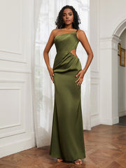 One Shoulder Stretch Satin Floor-Length Dress Olive Green