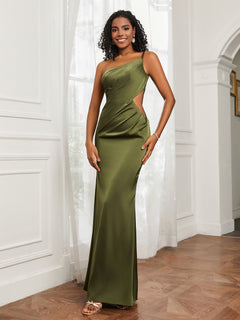 One Shoulder Stretch Satin Floor-Length Dress Olive Green