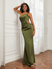 One Shoulder Stretch Satin Floor-Length Dress Olive Green
