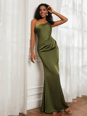 One Shoulder Stretch Satin Floor-Length Dress Olive Green