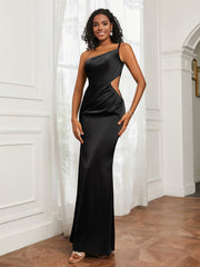 One Shoulder Stretch Satin Floor-Length Dress Black Plus Size