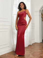 One Shoulder Stretch Satin Floor-Length Dress Burgundy Plus Size
