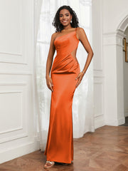 One Shoulder Stretch Satin Floor-Length Dress Burnt Orange