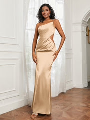 One Shoulder Stretch Satin Floor-Length Dress Champagne Plus Size