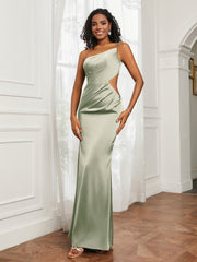 One Shoulder Stretch Satin Floor-Length Dress Dusty Sage