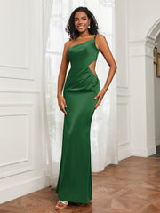 One Shoulder Stretch Satin Floor-Length Dress Emerald Plus Size