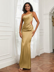 One Shoulder Stretch Satin Floor-Length Dress Gold Plus Size