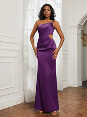 One Shoulder Stretch Satin Floor-Length Dress Grape Plus Size