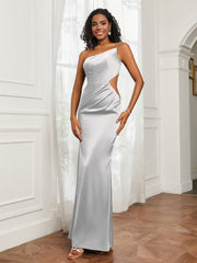 One Shoulder Stretch Satin Floor-Length Dress Ivory