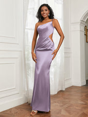 One Shoulder Stretch Satin Floor-Length Dress Lilac Plus Size